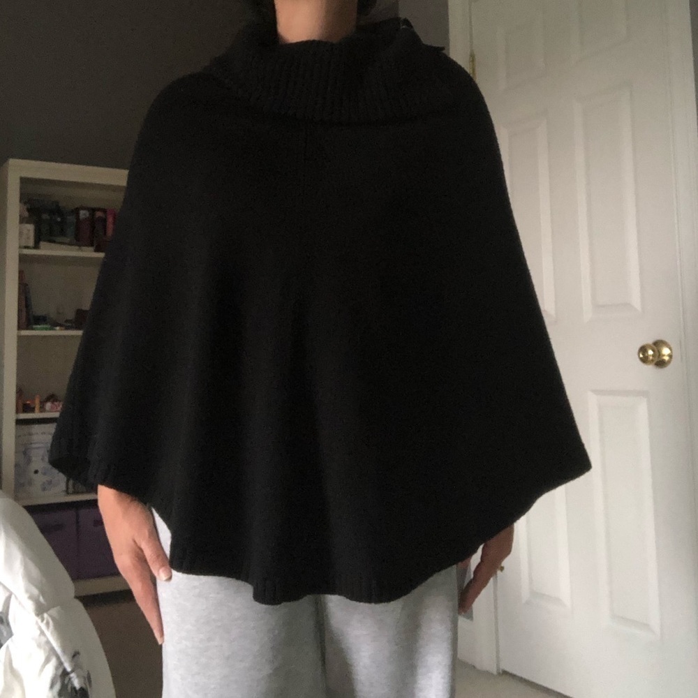 Theory Black Wool Cowl Neck Poncho Cape S